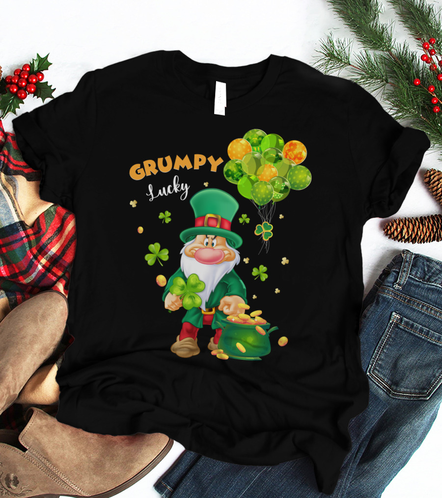 Grumpy Lucky Leprechaun With Shamrocks And Gold Coins T-Shirt