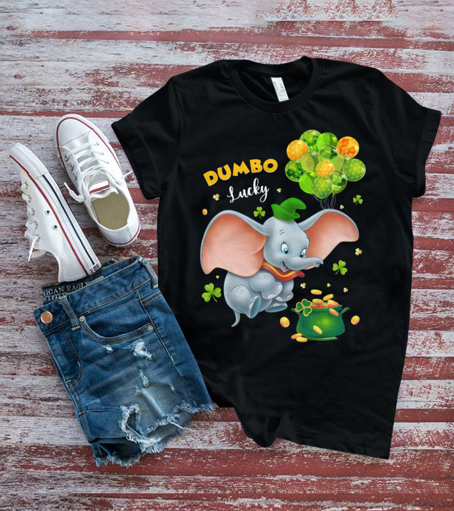 Dumbo Lucky Elephant With Green Hat And Balloons With Pot Of Gold T-Shirt