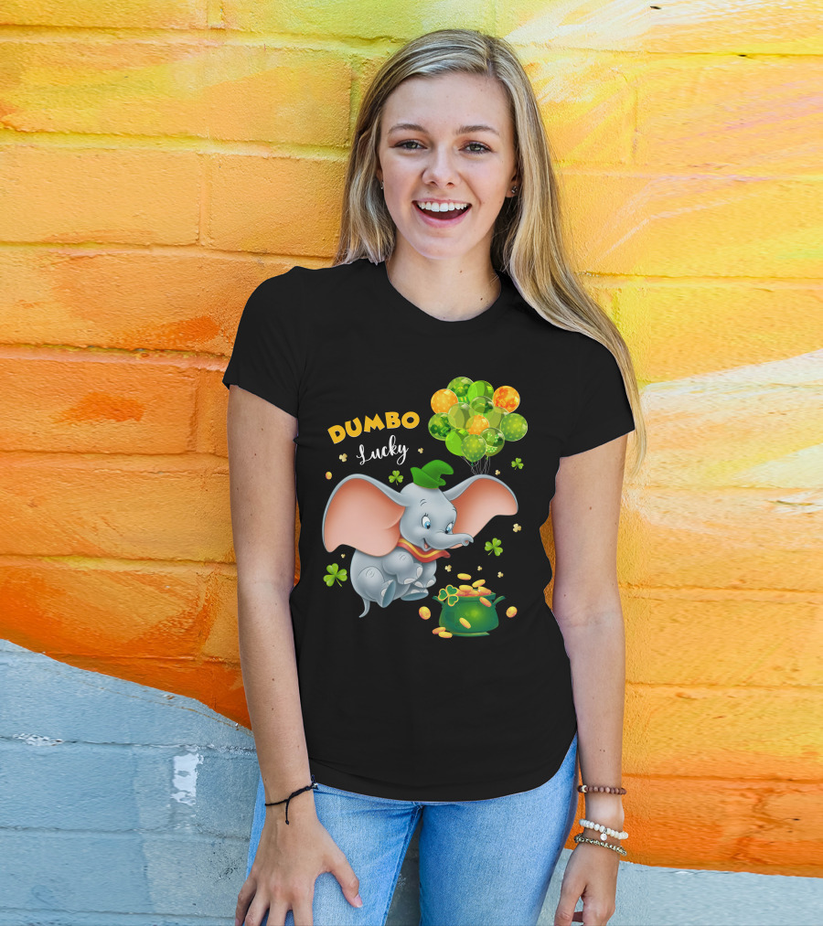 Dumbo Lucky Elephant With Green Hat And Balloons With Pot Of Gold T-Shirt