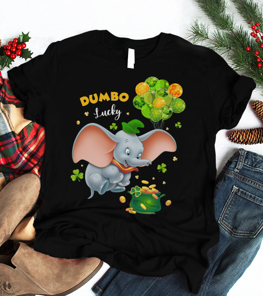 Dumbo Lucky Elephant With Green Hat And Balloons With Pot Of Gold T-Shirt