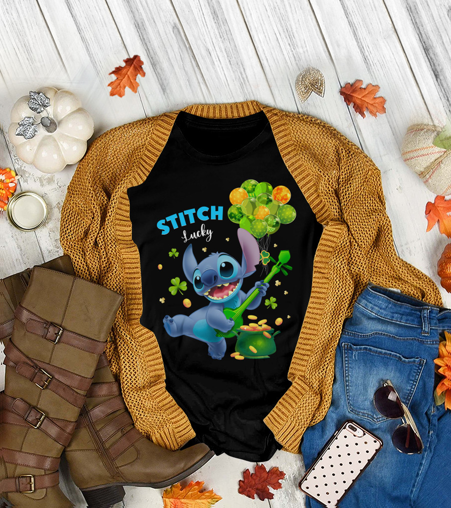 Stitch Lucky Balloons And Shamrock Celebration T-Shirt