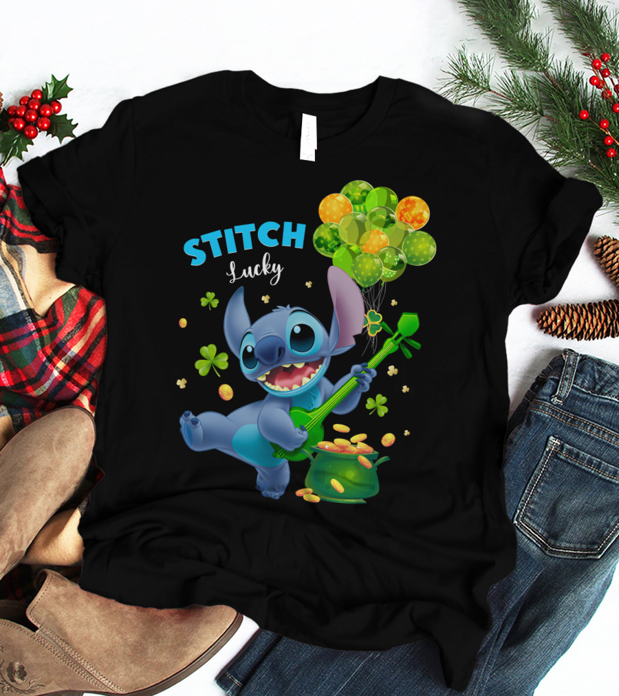Stitch Lucky Balloons And Shamrock Celebration T-Shirt