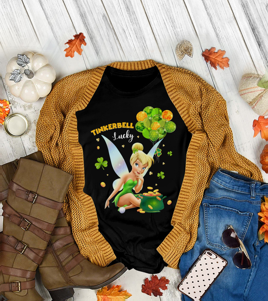 Tinkerbell Lucky Balloons And Clover With Pot Of Gold T-Shirt