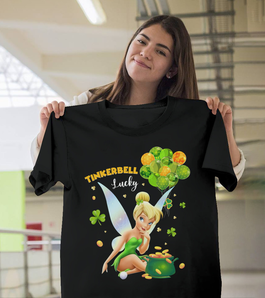 Tinkerbell Lucky Balloons And Clover With Pot Of Gold T-Shirt