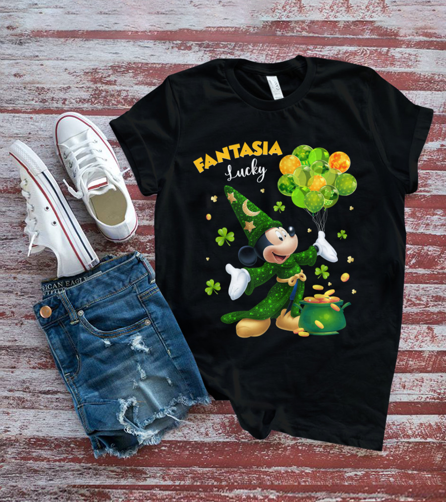 Fantasia Lucky Green Mickey With Balloons And Gold Coins T-Shirt