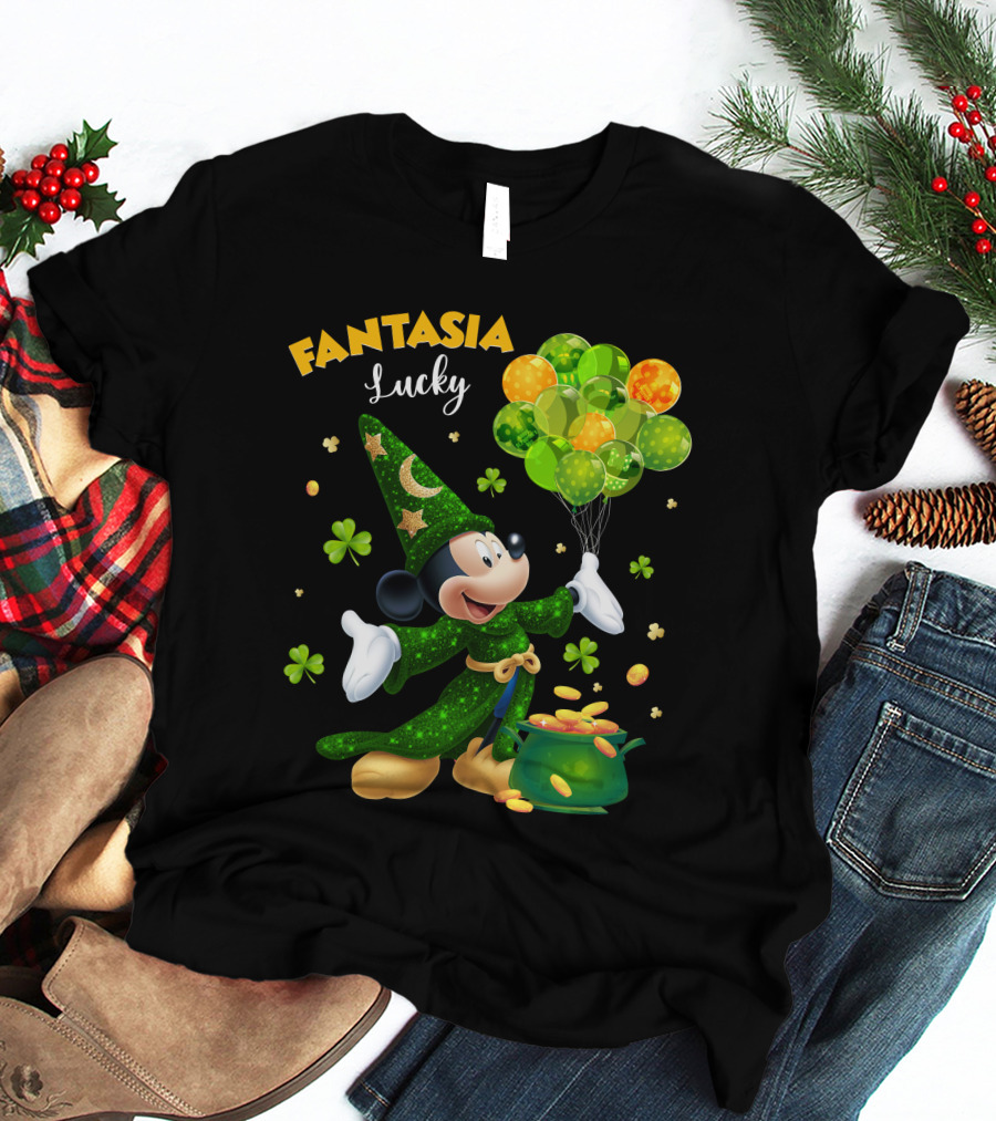 Fantasia Lucky Green Mickey With Balloons And Gold Coins T-Shirt