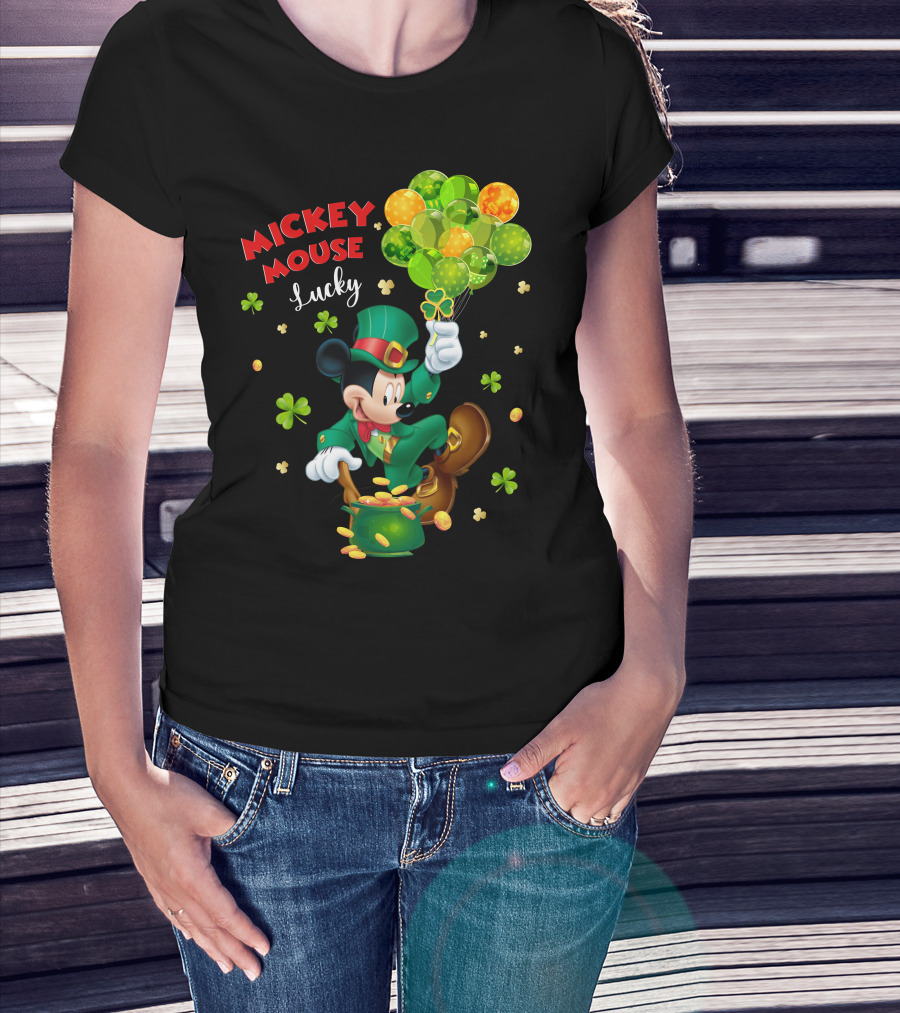 Mickey Mouse Lucky Shamrock Balloons Leprechaun Coins T-Shirt