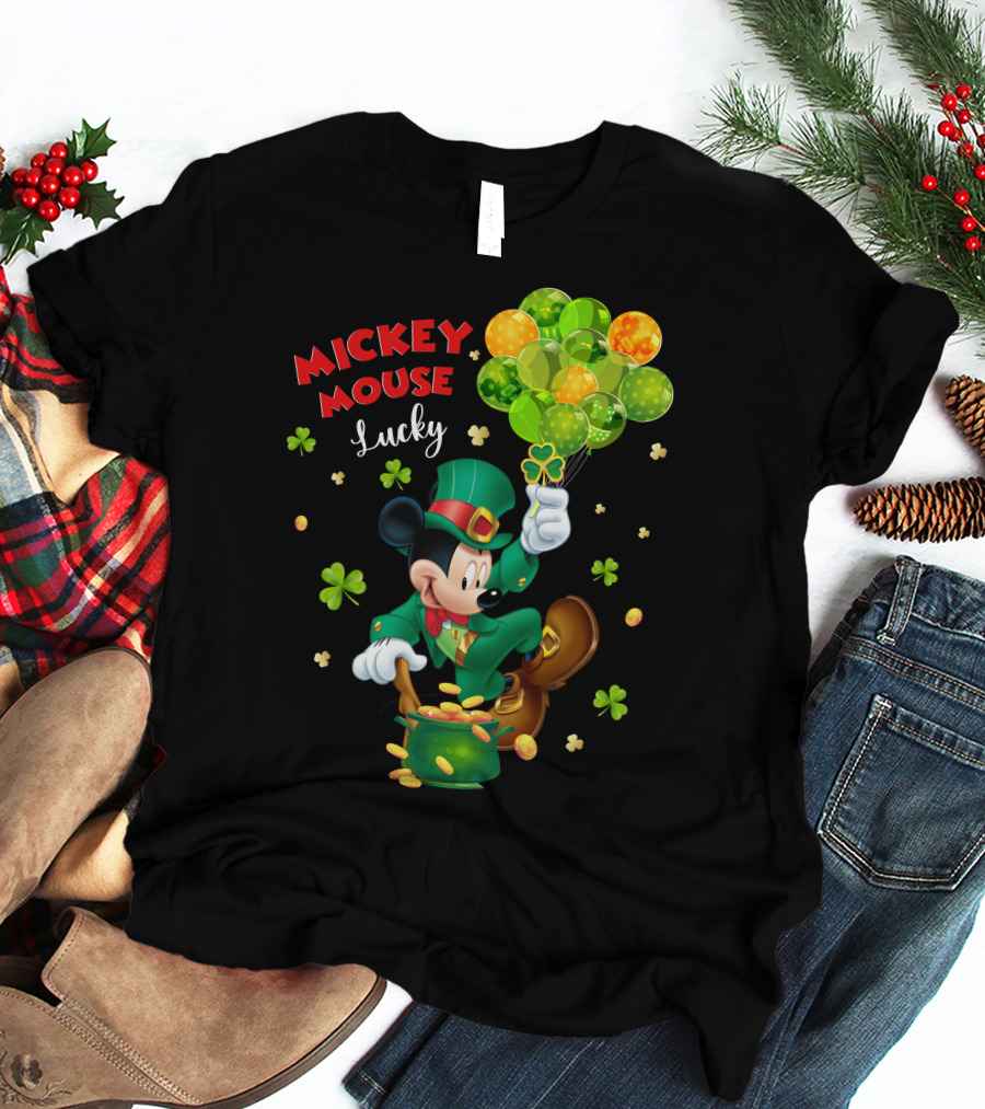 Mickey Mouse Lucky Shamrock Balloons Leprechaun Coins T-Shirt