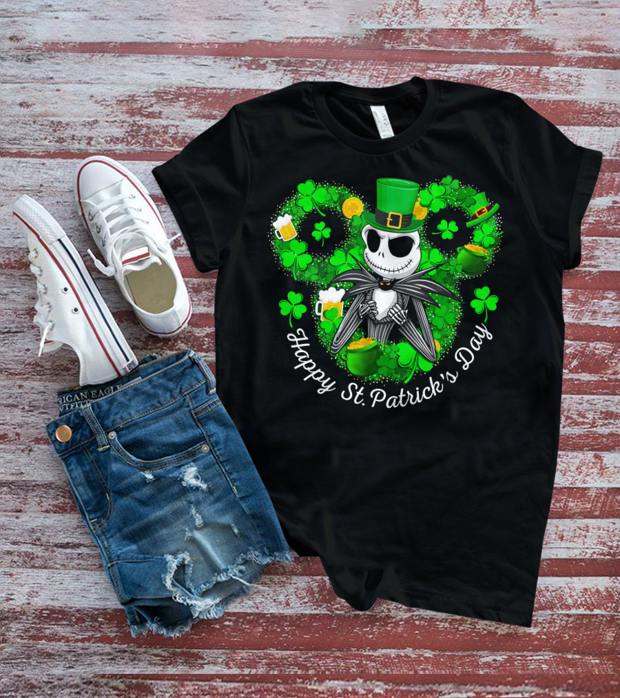 Jack Skellington Happy St. Patrick's Day Shamrocks And Leprechaun Hat T-Shirt