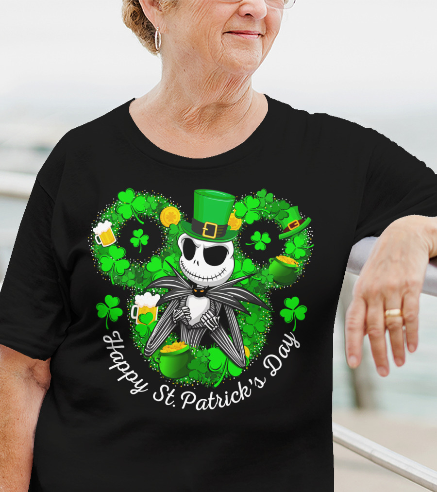 Jack Skellington Happy St. Patrick's Day Shamrocks And Leprechaun Hat T-Shirt