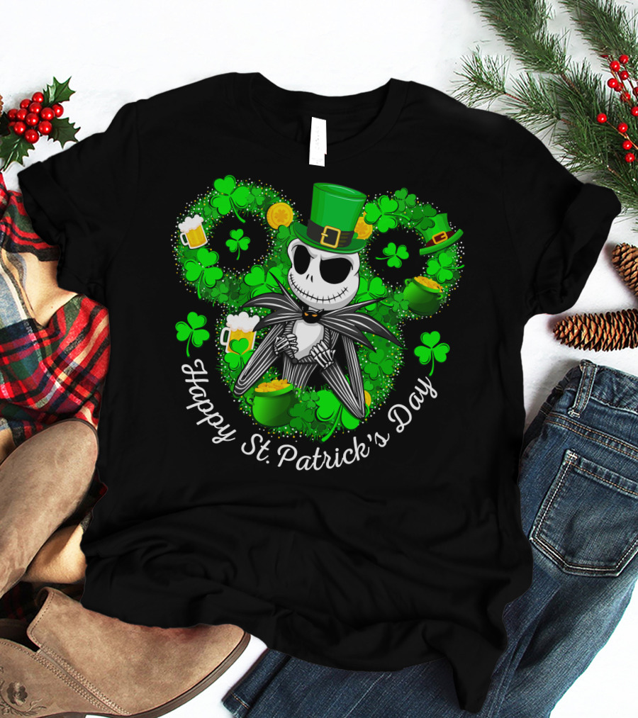 Jack Skellington Happy St. Patrick's Day Shamrocks And Leprechaun Hat T-Shirt