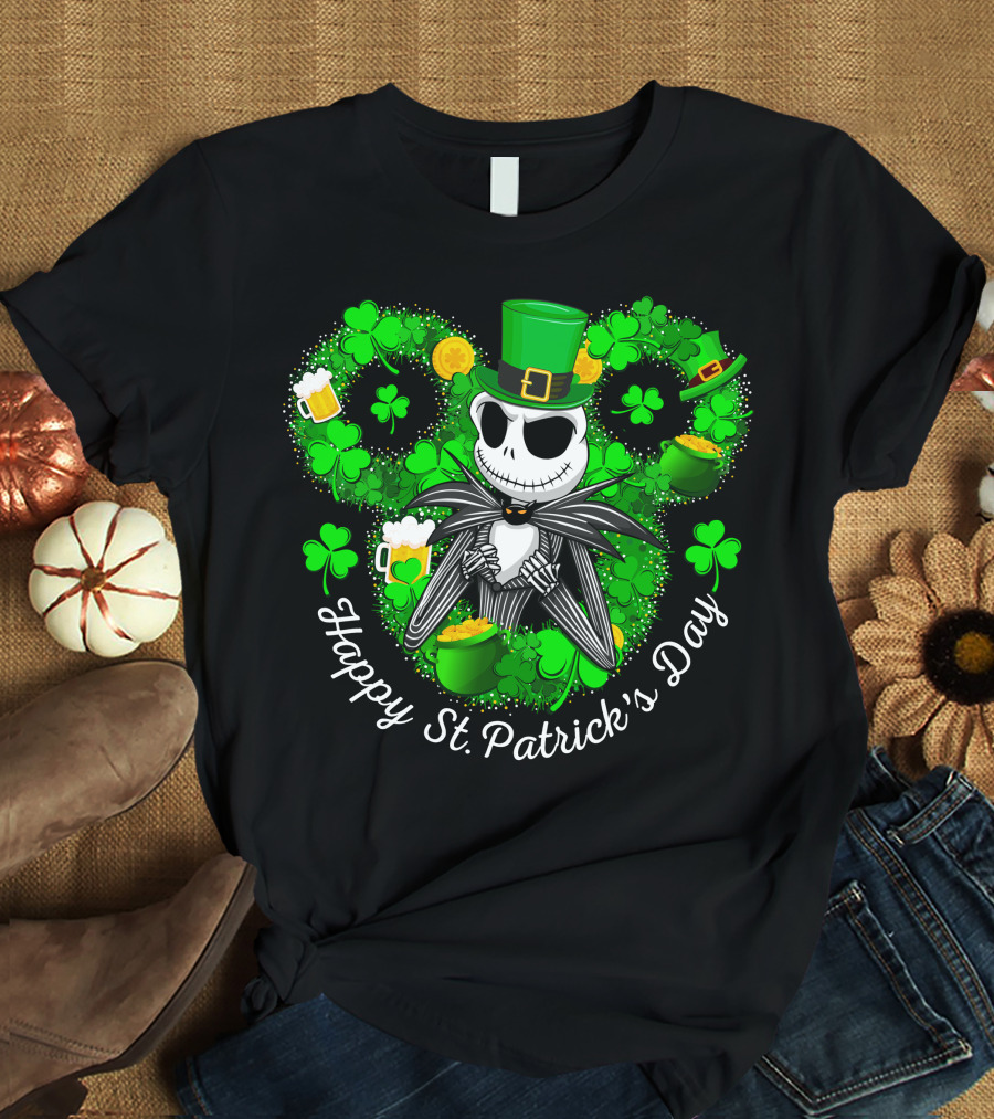 Jack Skellington Happy St. Patrick's Day Shamrocks And Leprechaun Hat T-Shirt