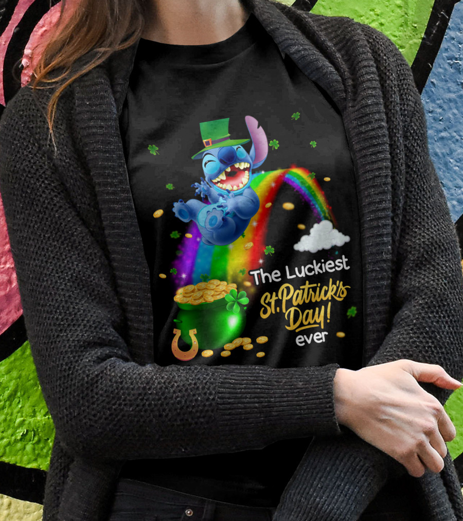 The Luckiest St. Patrick's Day Ever Stitch Rainbow Pot Of Gold T-Shirt
