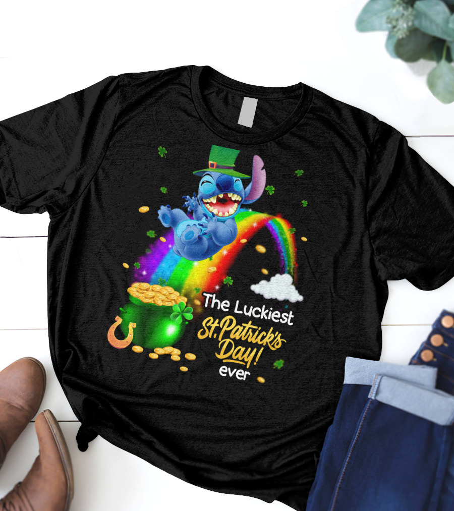 The Luckiest St. Patrick's Day Ever Stitch Rainbow Pot Of Gold T-Shirt
