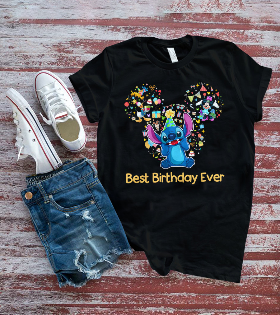 Stitch Best Birthday Ever Disney Celebration With Mickey Minnie Party Hat T-Shirt