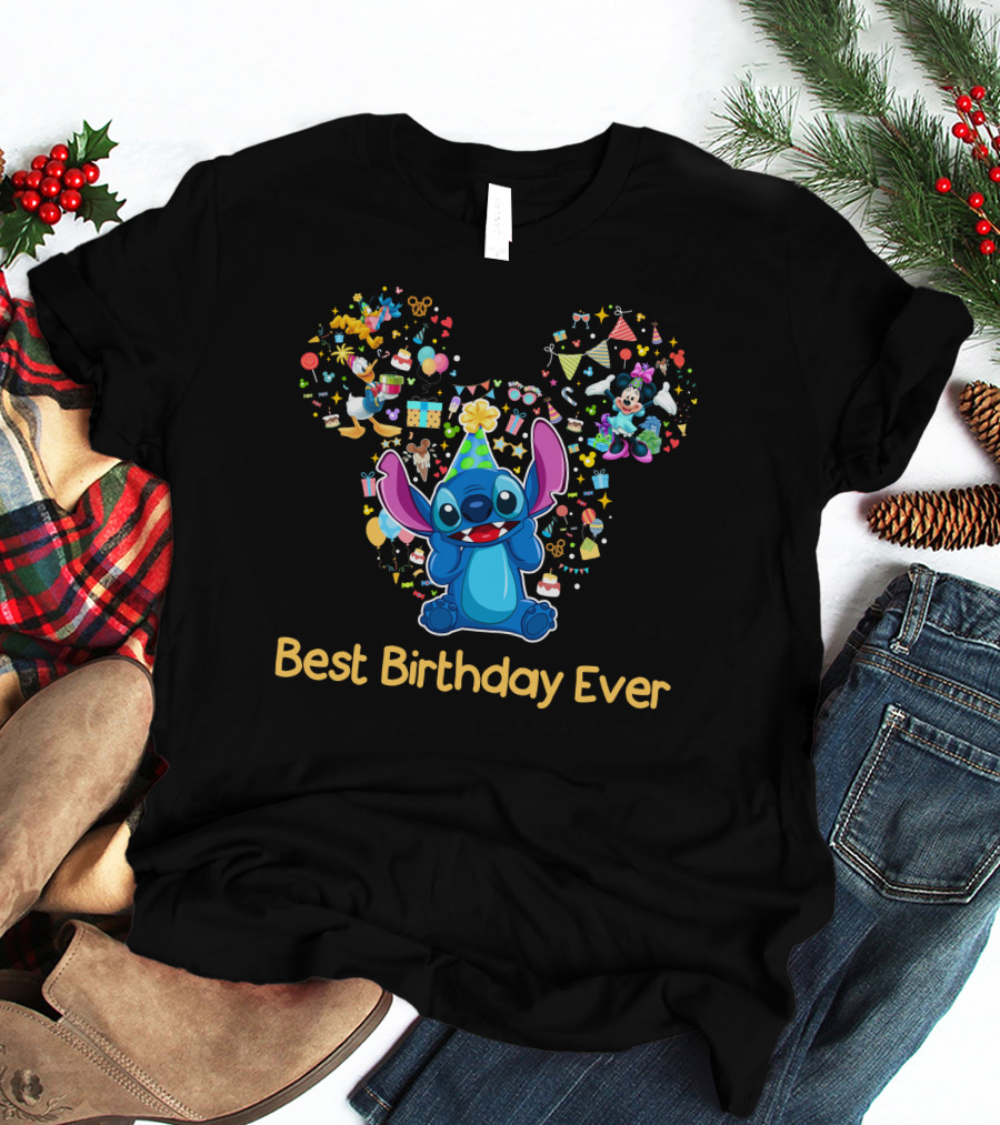 Stitch Best Birthday Ever Disney Celebration With Mickey Minnie Party Hat T-Shirt