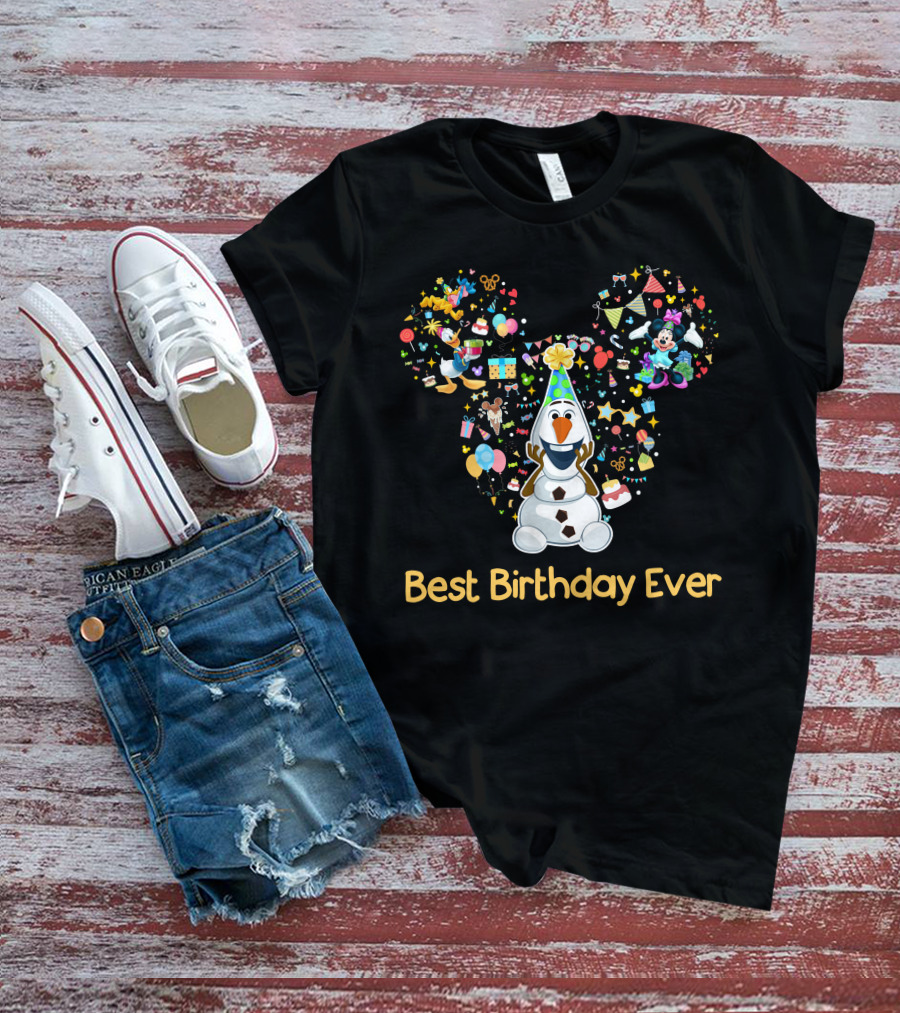 Olaf Best Birthday Ever Mickey Mouse Head With Minnie Party Icons T-Shirt