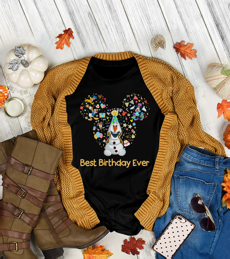 Olaf Best Birthday Ever Mickey Mouse Head With Minnie Party Icons T-Shirt