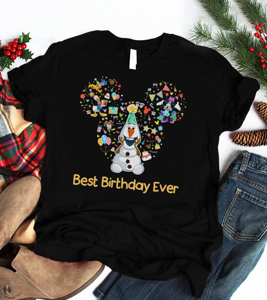 Olaf Best Birthday Ever Mickey Mouse Head With Minnie Party Icons T-Shirt