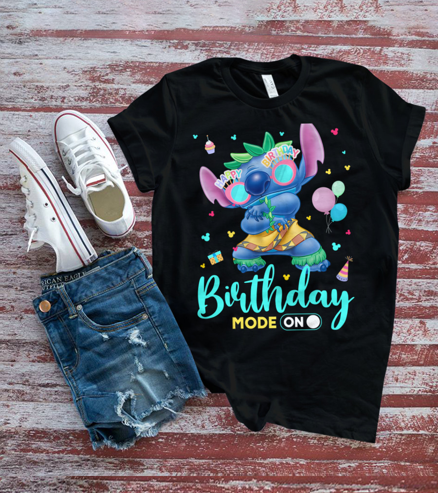 Stitch Birthday Mode On With Balloons And Cupcake T-Shirt