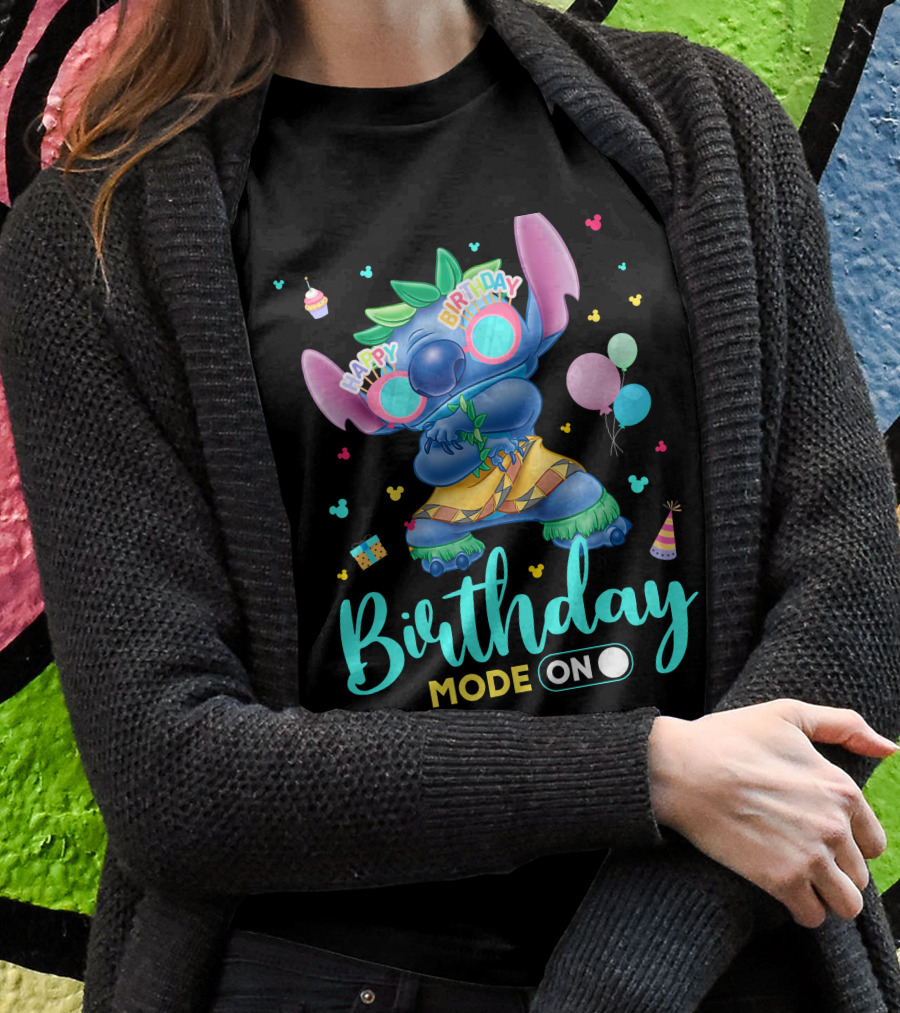 Stitch Birthday Mode On With Balloons And Cupcake T-Shirt
