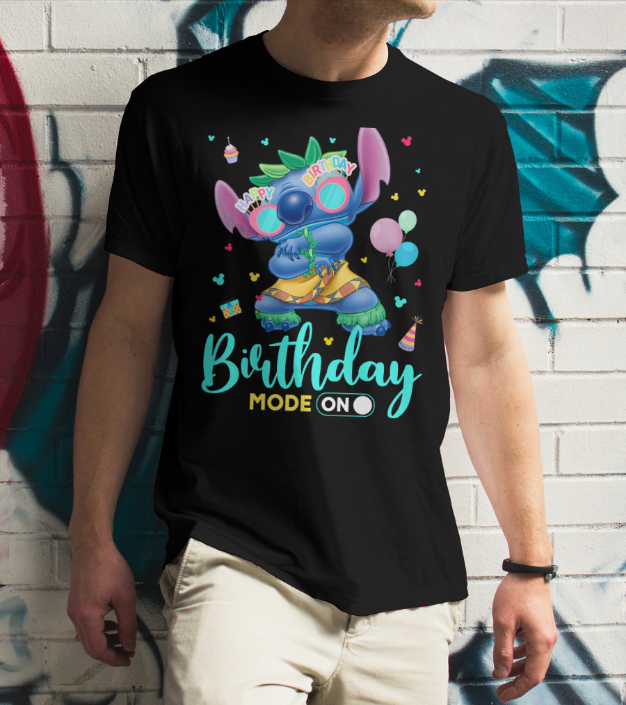 Stitch Birthday Mode On With Balloons And Cupcake T-Shirt