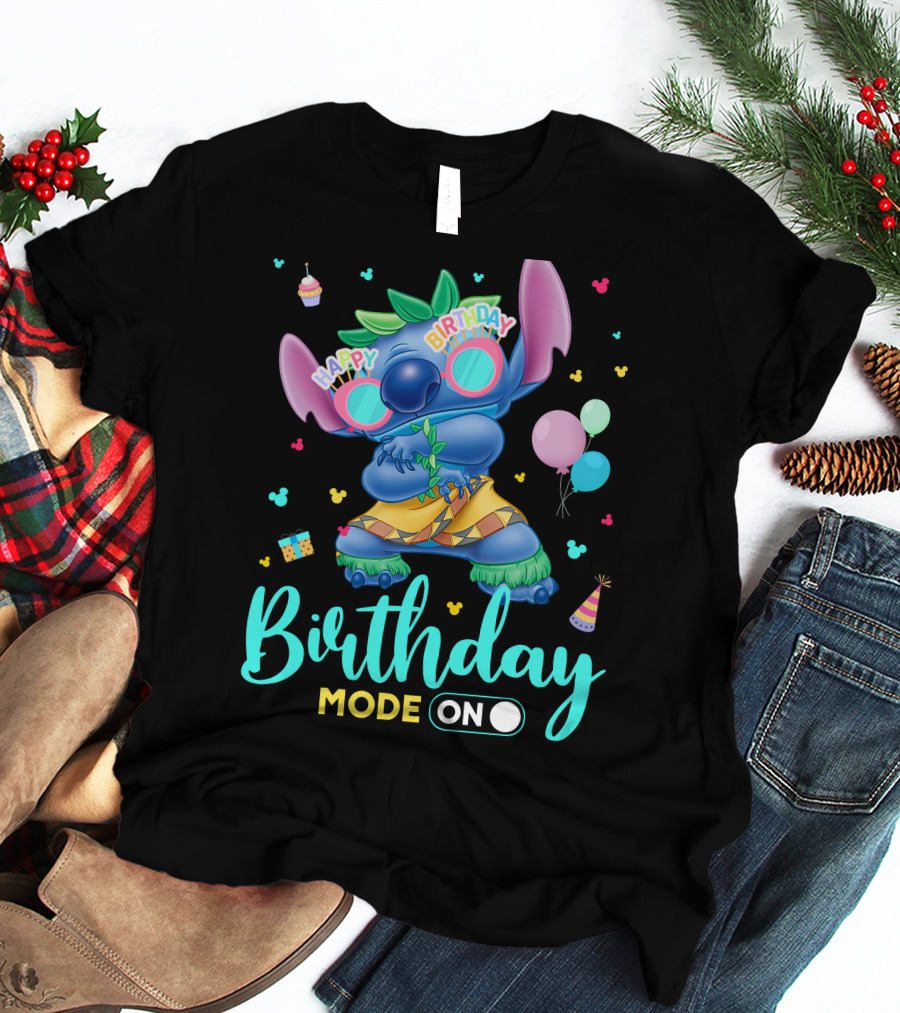 Stitch Birthday Mode On With Balloons And Cupcake T-Shirt