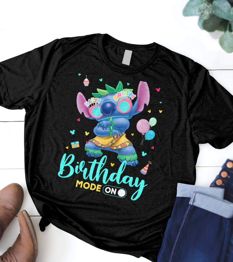 Stitch Birthday Mode On With Balloons And Cupcake T-Shirt