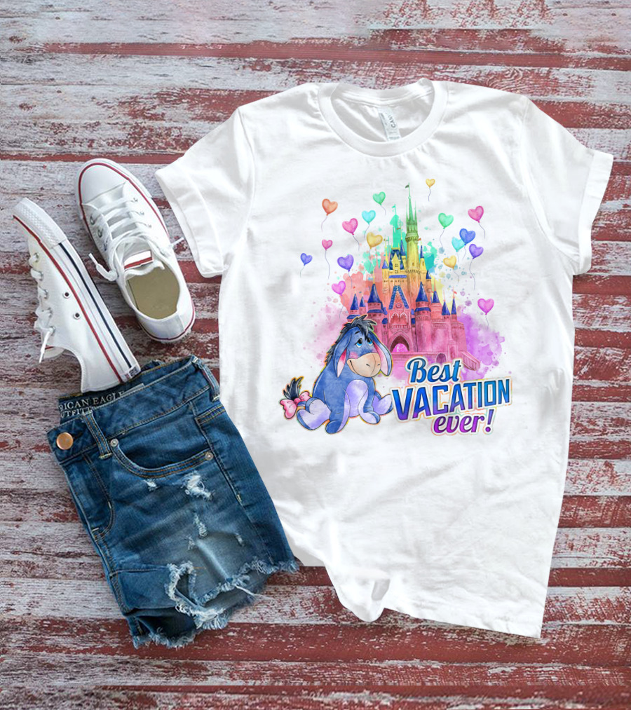 Eeyore Best Vacation Ever Colorful Castle Hearts T-Shirt