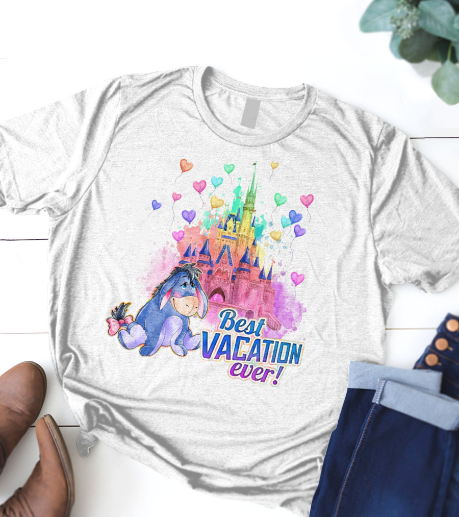 Eeyore Best Vacation Ever Colorful Castle Hearts T-Shirt