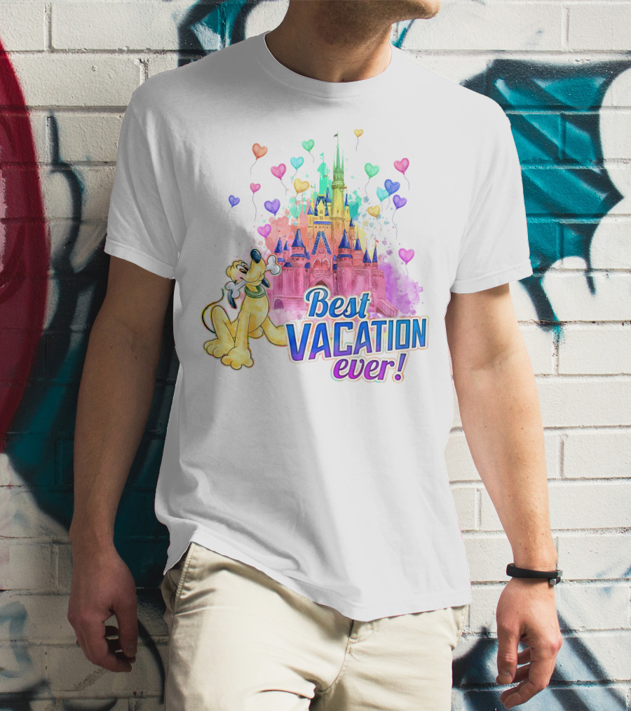 Best Vacation Ever Pluto With Colorful Castle And Heart Balloons T-Shirt