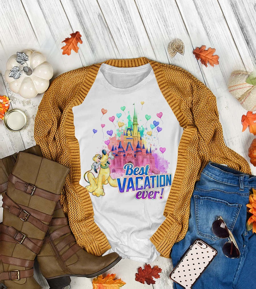 Best Vacation Ever Pluto With Colorful Castle And Heart Balloons T-Shirt