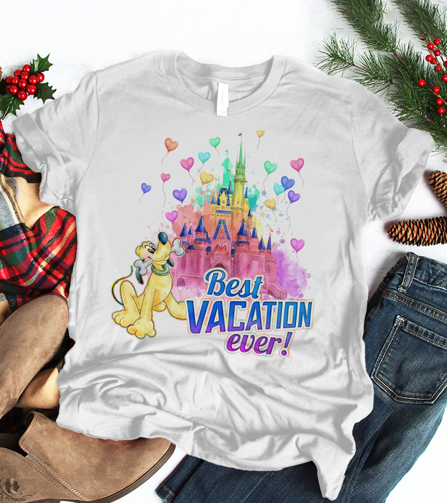 Best Vacation Ever Pluto With Colorful Castle And Heart Balloons T-Shirt
