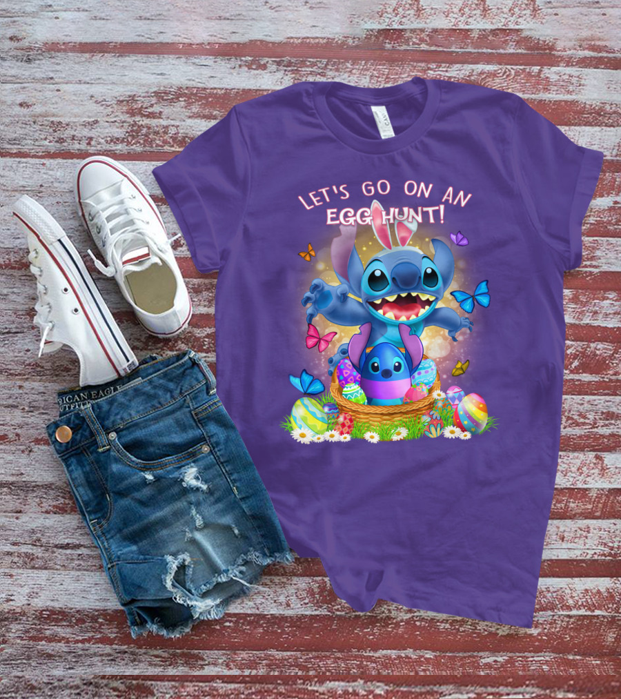 Let's Go On An Egg Hunt With Stitch Basket Of Eggs And Butterflies T-Shirt
