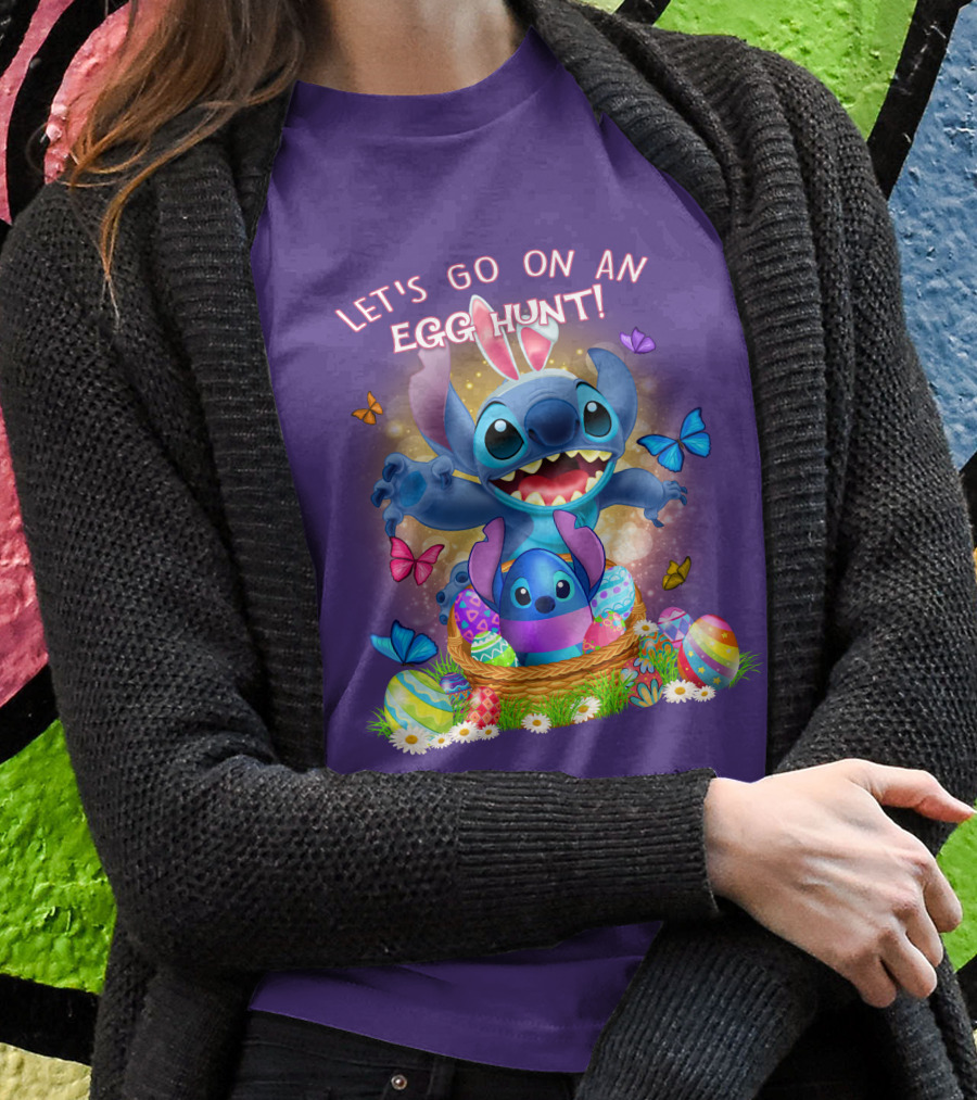 Let's Go On An Egg Hunt With Stitch Basket Of Eggs And Butterflies T-Shirt