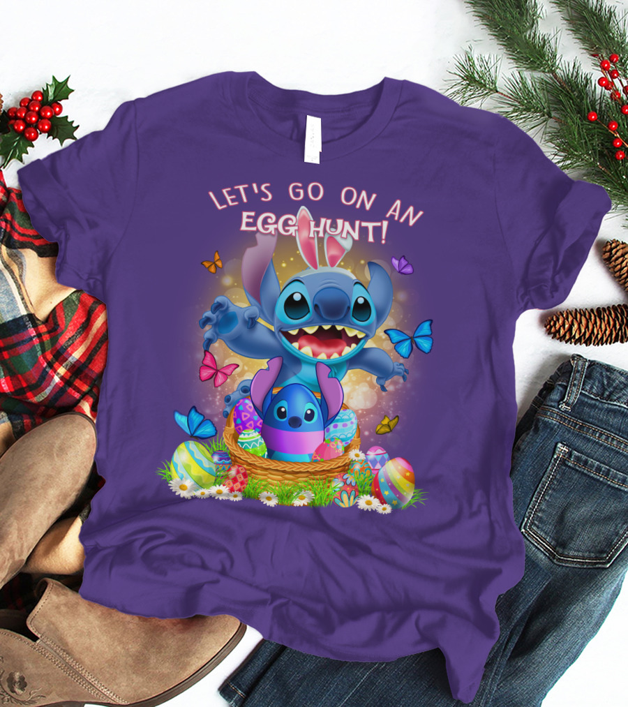 Let's Go On An Egg Hunt With Stitch Basket Of Eggs And Butterflies T-Shirt