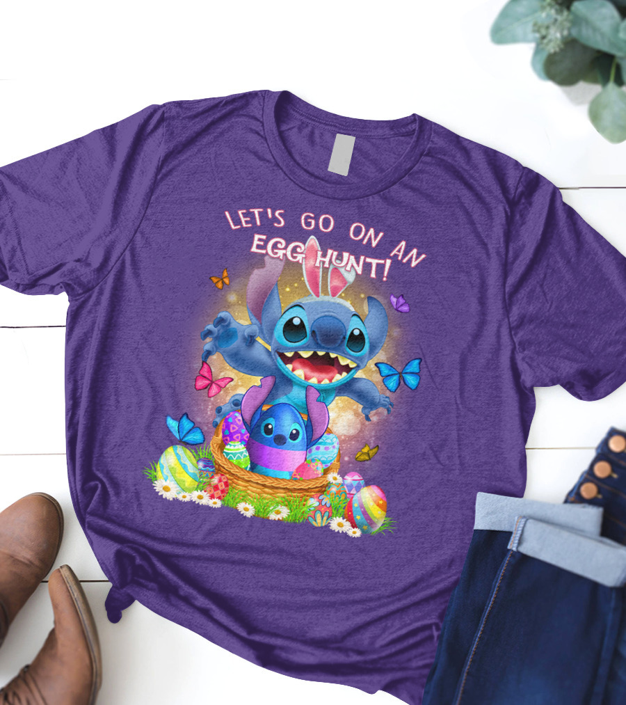 Let's Go On An Egg Hunt With Stitch Basket Of Eggs And Butterflies T-Shirt