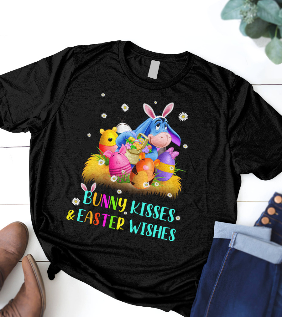 Bunny Kisses And Easter Wishes Eeyore Colorful Eggs Basket T-Shirt