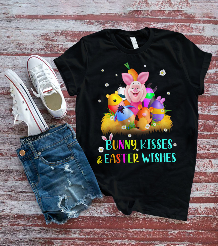 Bunny Kisses & Easter Wishes Piglet Colorful Eggs And Flowers T-Shirt