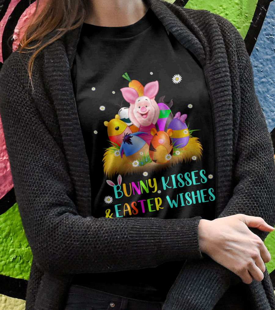 Bunny Kisses & Easter Wishes Piglet Colorful Eggs And Flowers T-Shirt