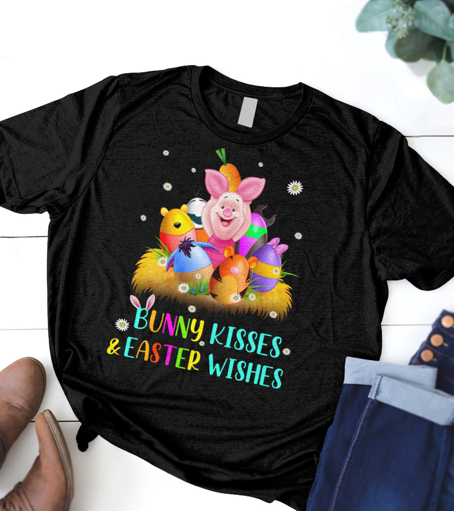 Bunny Kisses & Easter Wishes Piglet Colorful Eggs And Flowers T-Shirt