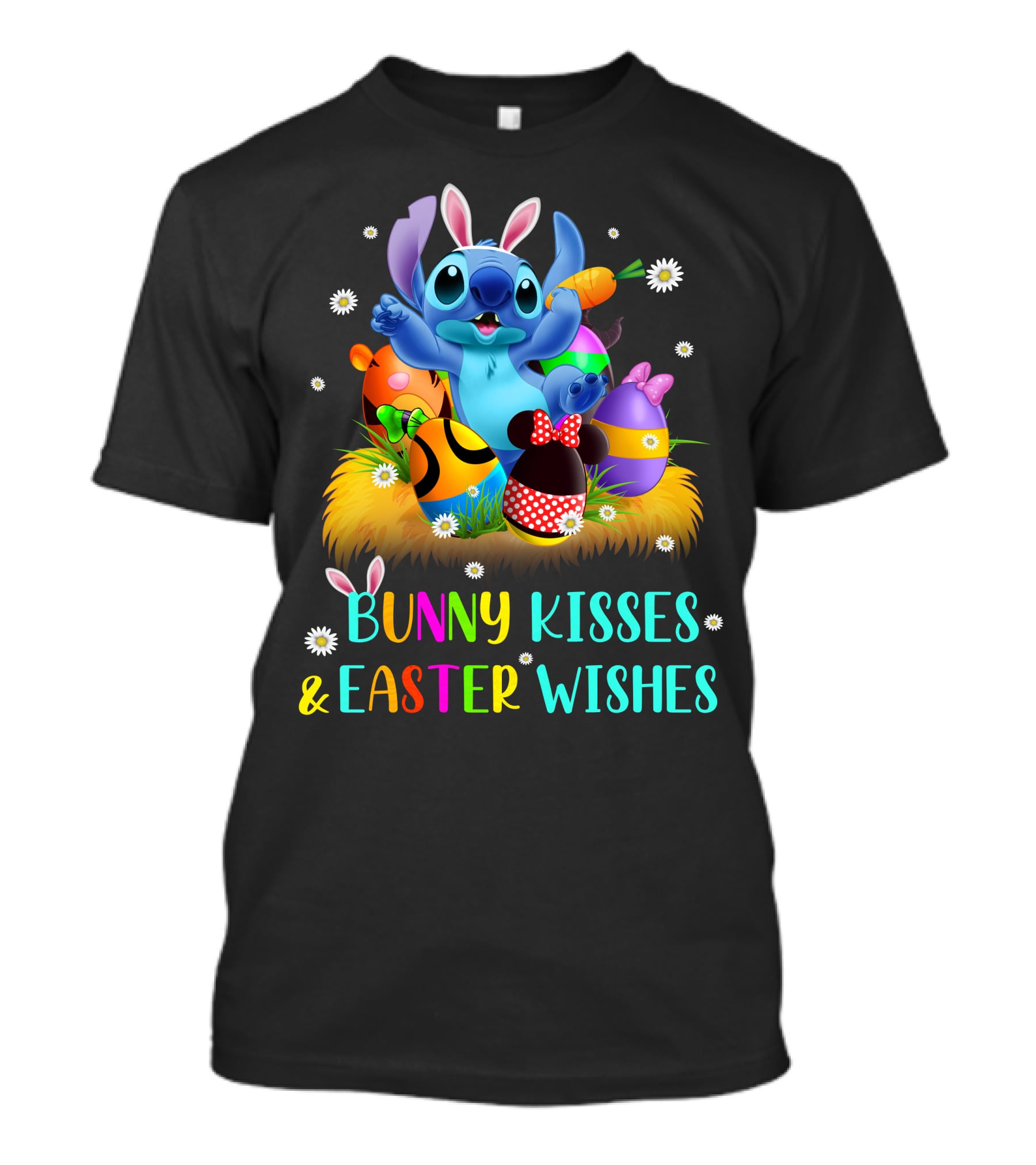 Bunny Kisses & Easter Wishes Stitch With Colorful Eggs And Spring Flowers T-Shirt