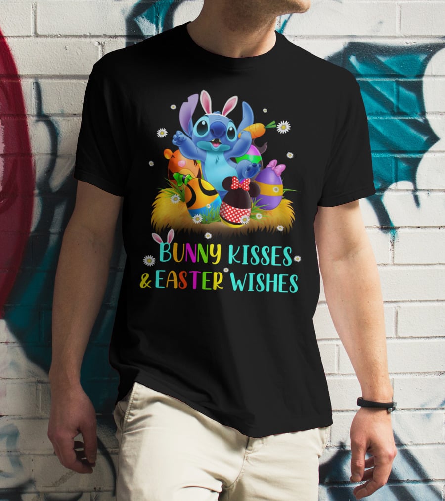 Bunny Kisses & Easter Wishes Stitch With Colorful Eggs And Spring Flowers T-Shirt