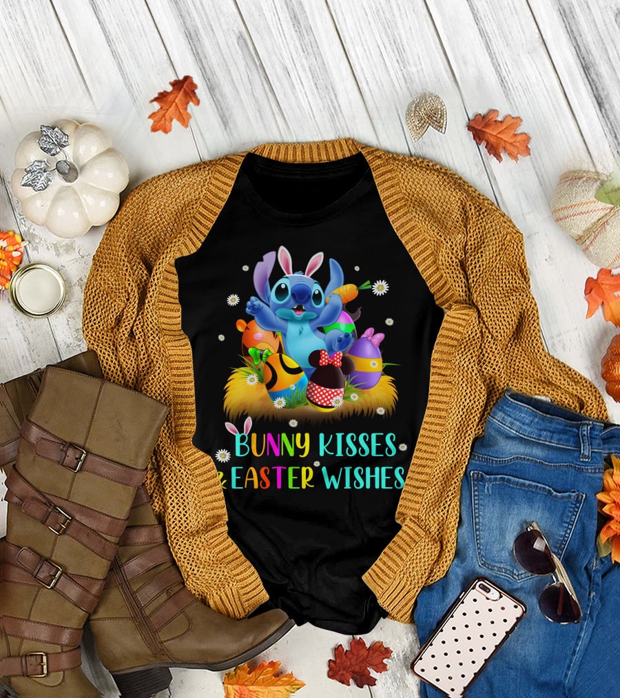 Bunny Kisses & Easter Wishes Stitch With Colorful Eggs And Spring Flowers T-Shirt