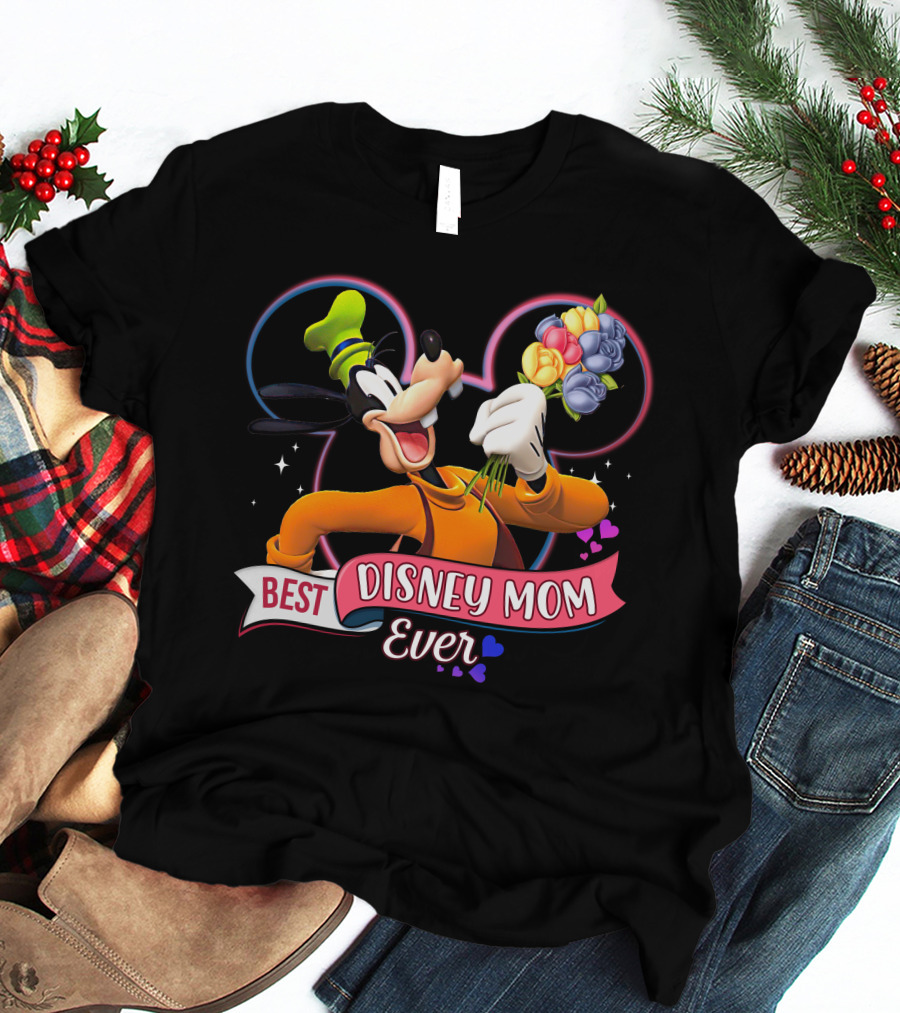 Best Disney Mom Ever Goofy Holding Flowers Pixar Balloons Hearts T-Shirt