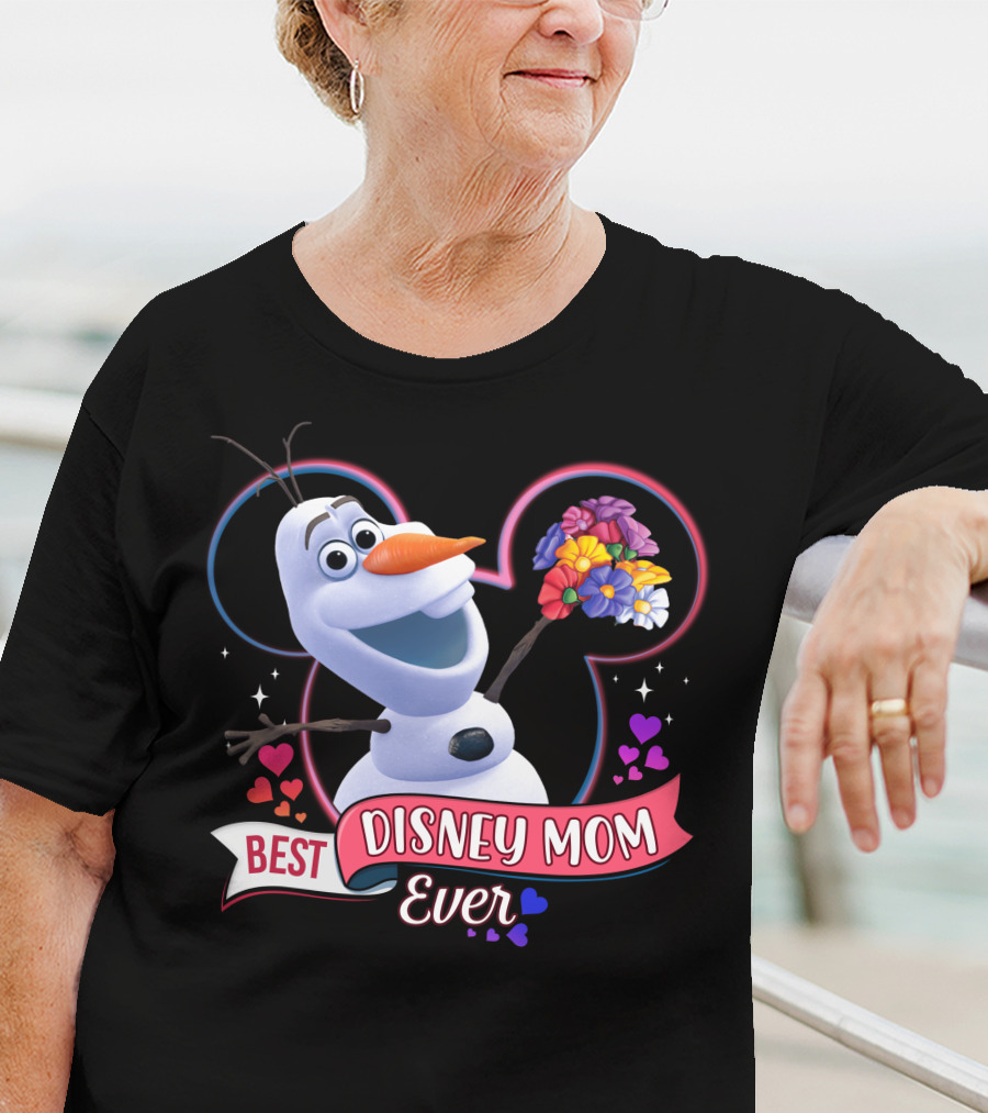 Best Disney Mom Ever Olaf Holding Flowers In Front Of Mickey Mouse Outline T-Shirt