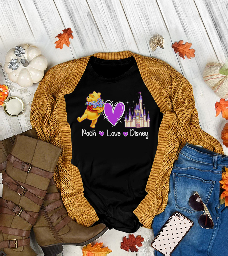 Pooh Love Disney With Purple Heart And Castle T-Shirt