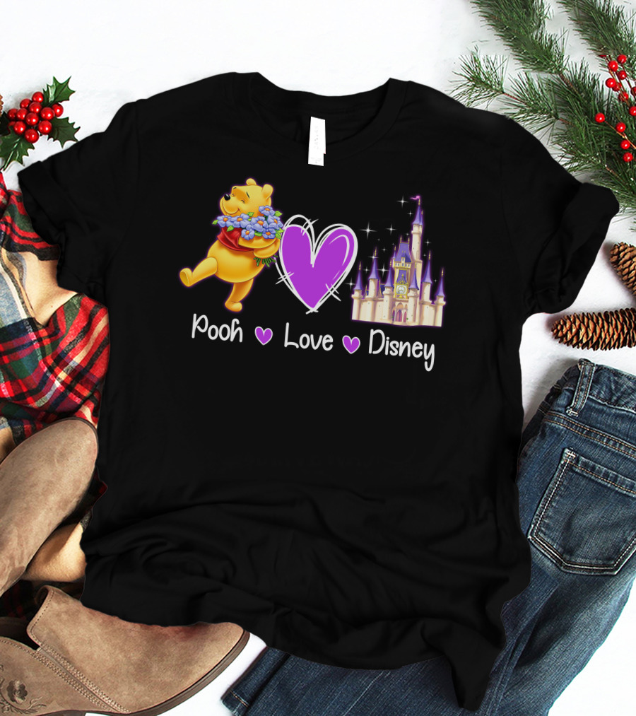 Pooh Love Disney With Purple Heart And Castle T-Shirt