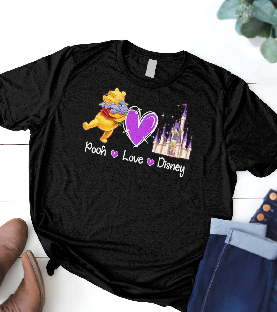 Pooh Love Disney With Purple Heart And Castle T-Shirt