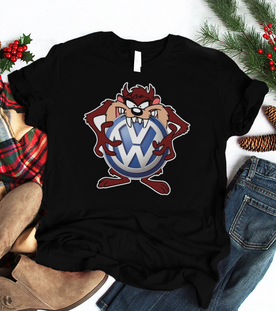 TAZ Volkswagen Logo With Classic Cartoon Character Holding Emblem T-Shirt